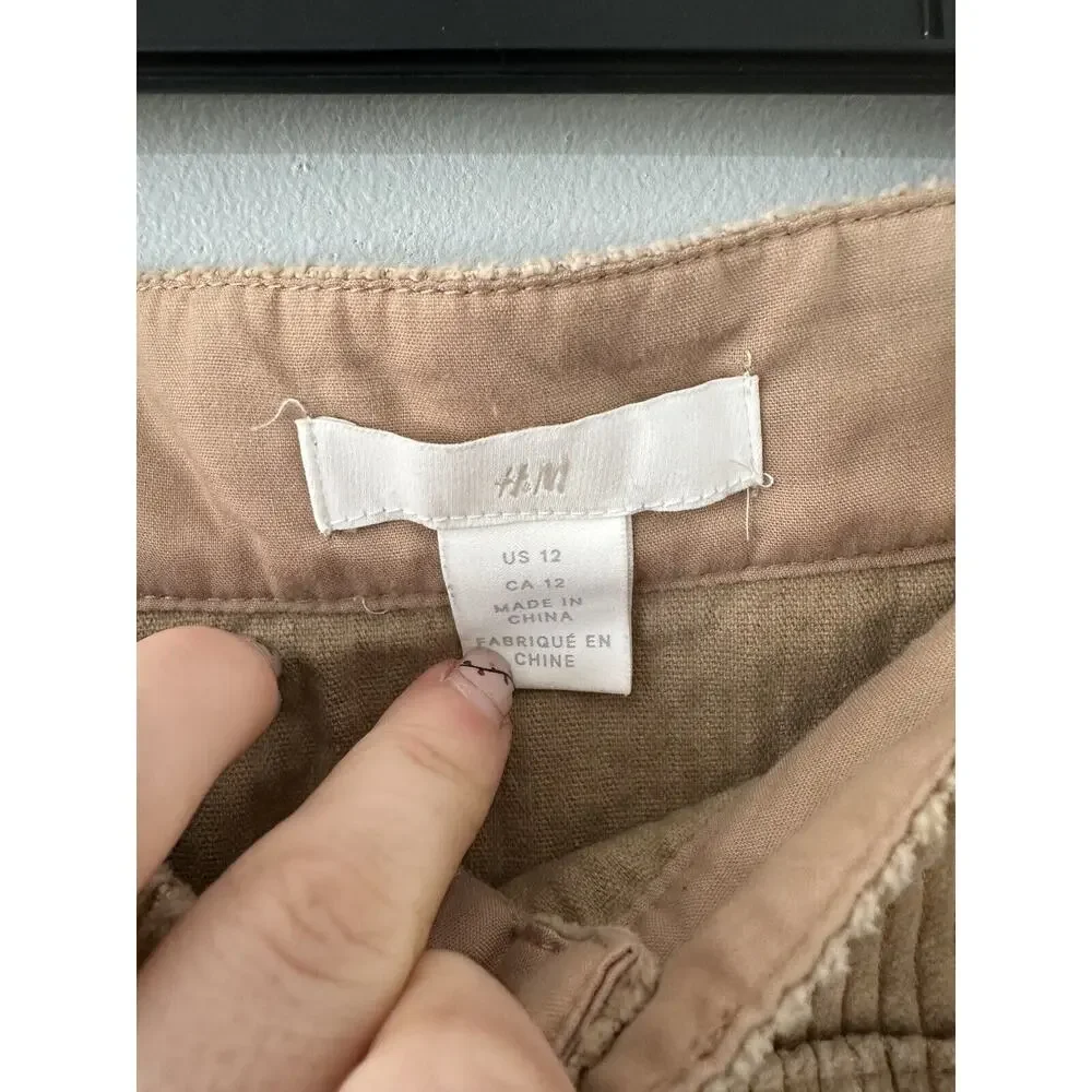 H&M Brown Corduroy A-Line Mini Skirt With Pockets Sz 12 Stretch High Waist